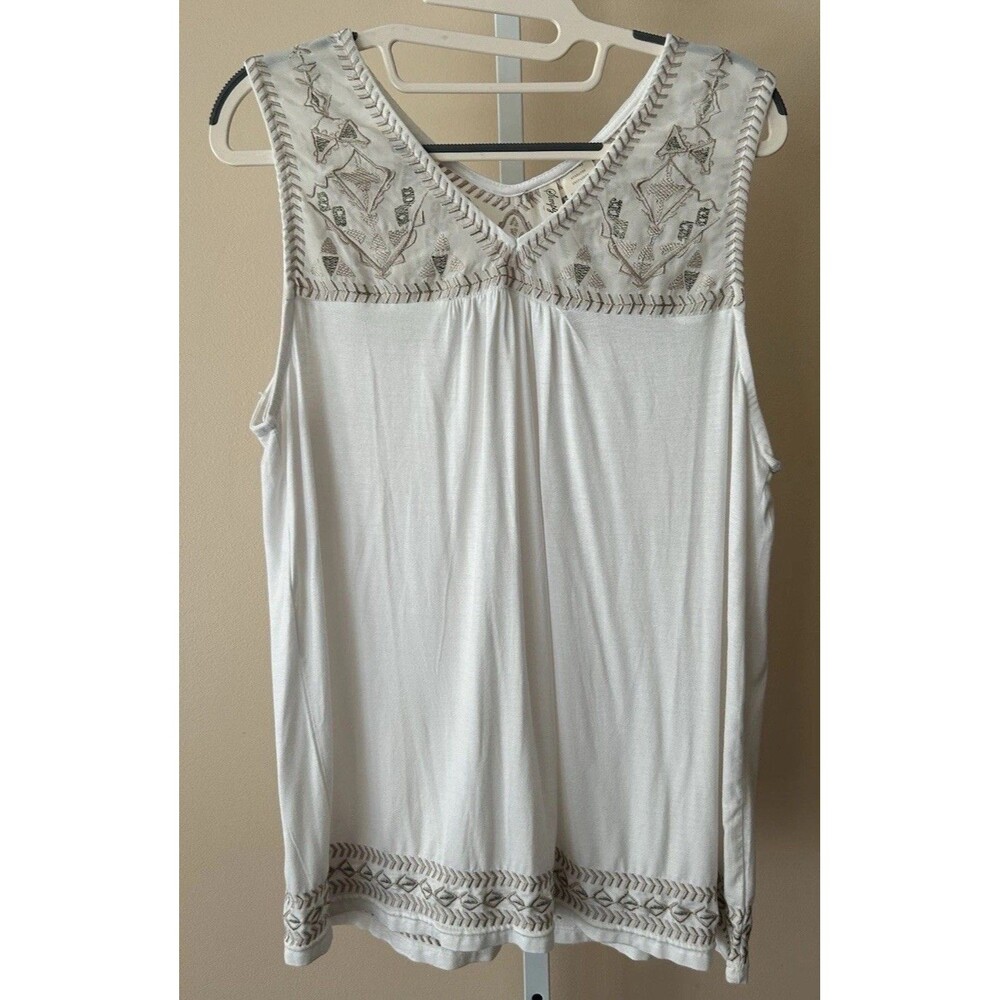 Simply Irresistible Embroidered Sheer White & Tan Tank Top Shirt Size XL Boho